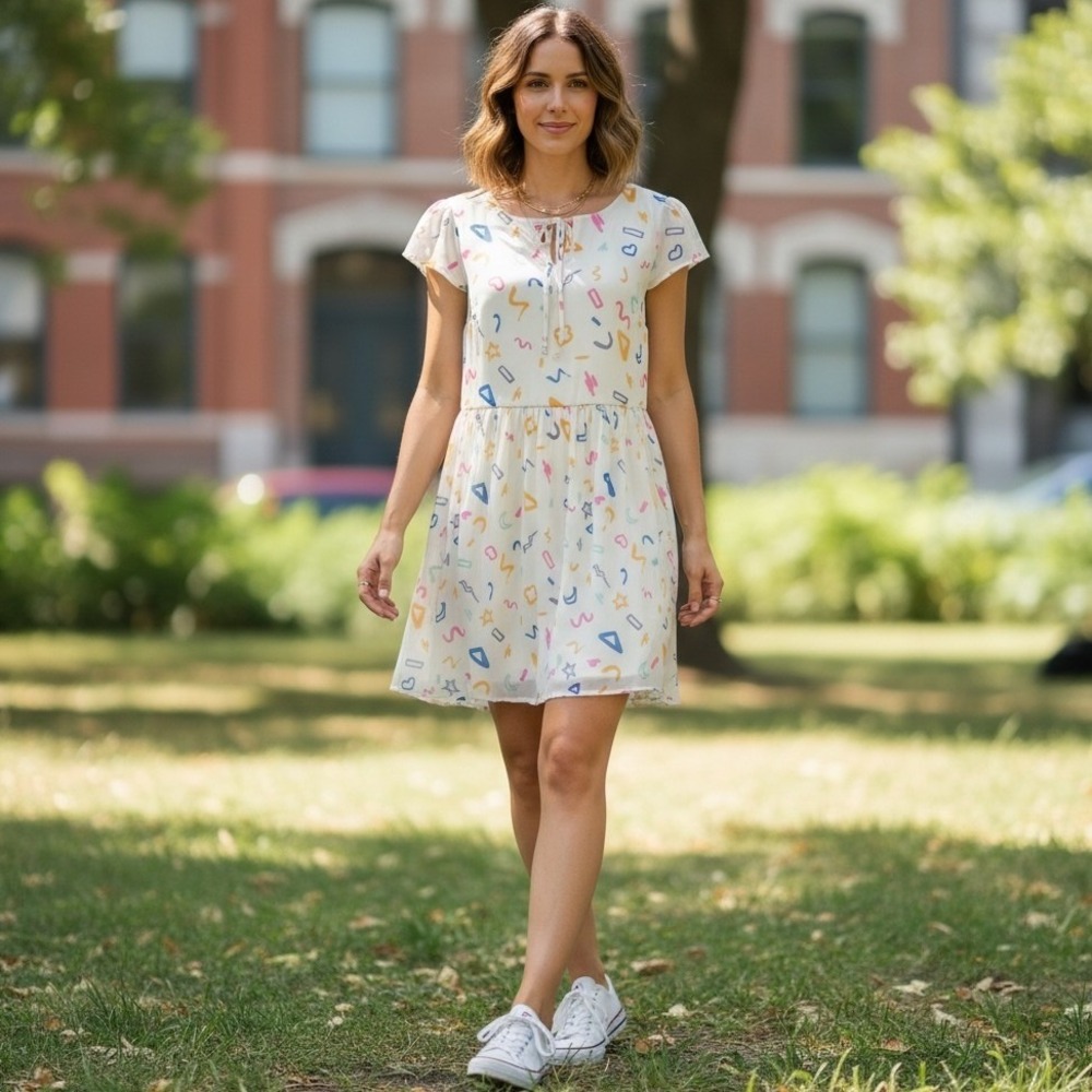MODCLOTH Cream Memphis Design Print‎ A-Line Short Sleeve Dress Sz M Coquette